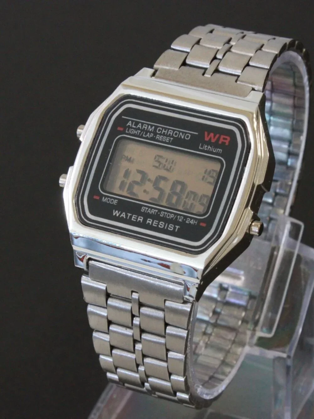 Retro Style Digital Watch Metal Case Bracelet Back light, Stopwatch, Day, Date